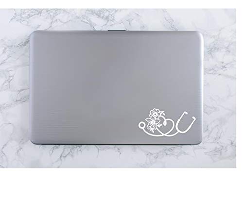 Image of Heart Stethoscope Flower Vinyl Decal | White | Made in USA by Foxtail Decals | for Car Windows, Tablets, Laptops, Water Bottles, etc. | 5.5 x 2.7 inch