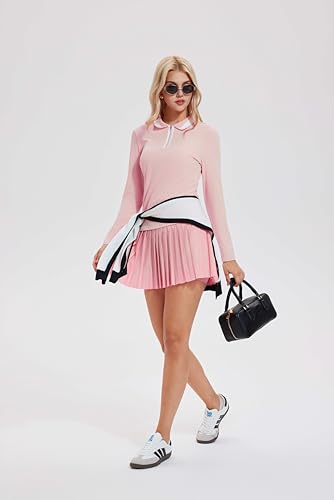 Image of Tennis Skirt Sets for Women Zipper Color Block High Waisted Golf Polo Two Piece Skirt Set Women 2 Piece Outfits