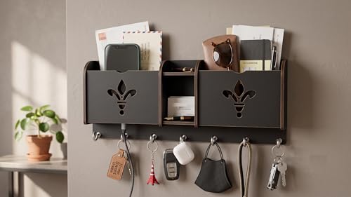 Image of Wall Mount Key Holder & Mail Organizer | Laser-Cut Key Hanger with 7 Metal Hooks, Letter Rack & Pen Stand | Wooden Wall Decor for Entryway, Living Room, Home & Office (Fleurelle)