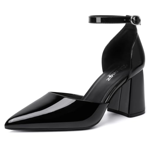 Image of RIBONGZ Block Heels for Women Closed Pointed Toe Heeled Slingback Chunky High Heel Ankle Strap Pumps Patent Leather Comfort Dressy Shoes for Work Party Prom Wedding Bridal Dress