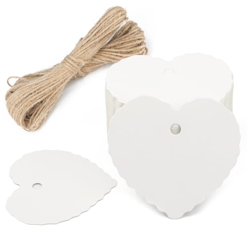 G2PLUS White Gift Tags with String 100PCS Heart Gift Tags Blank Paper Hang Tag Valentines Heart Shaped Name Label Tag for Present Wrapping Mothers Day Wedding Party Favors
