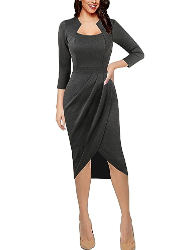 VFSHOW Womens Square Neck Work Ruched Front Slit Business Office Party Dress Church Bodycon Sheath Midi Pencil Dress2