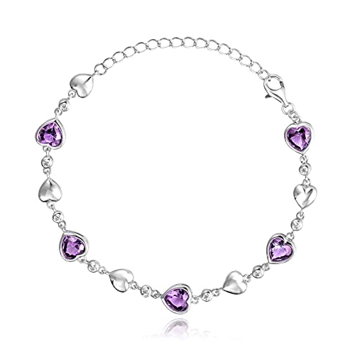 Carleen February Birthstone Bracelet 925 Sterling Silver Natural Purple Amethyst Bracelet for Women Heart Shape Station Tennis Bracelet Gemstone Jewelry for Girls Wife Mom
