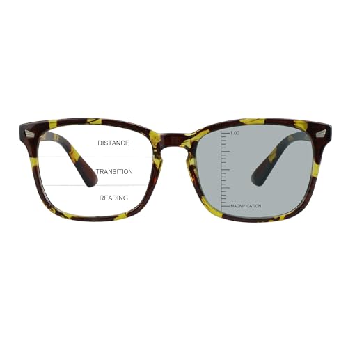 Image of Vintage Square Progressive Multifocal Presbyopic Glasses, Photochromic Gray Sunglasses for Men Women Readers (Tortoise,+1.00 /+4.00 Magnification)