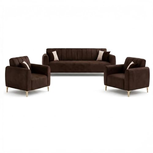 Image of Habibi Rich Velvet Suede 3+1+1 Seater Sofa Set | Spacious Soft Touch Comfort Seating | 5 Person Seating | Modern Living Room Sofa Set (Dark Brown)