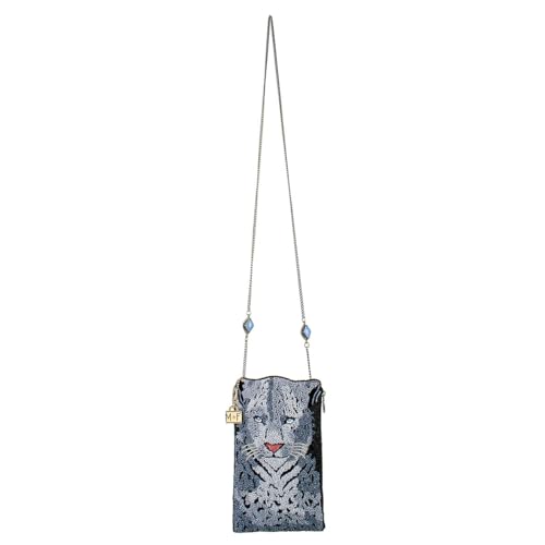 Mary Frances Snow Leopard Beaded Crossbody Cell Phone Bag Animal Pattern Evening Clutch Purse, Grey/Black2