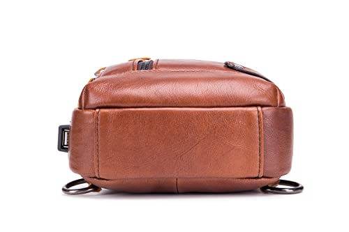 BULLCAPTAIN Genuine Leather Sling Bag with USB Charging Port Multi-pocket Chest Bag for Men Hiking Travel Daypack XB-129