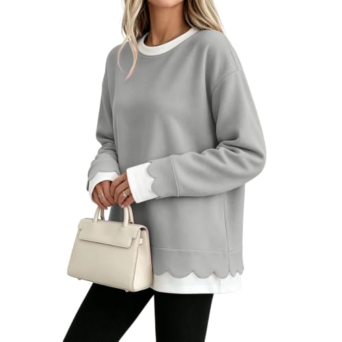 Oversized Sweatshirt for Women Cute Y2k 2 in 1 Scallop Crewneck Sweatshirt - image 2