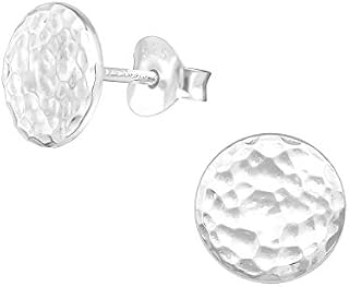 Laimons women's stud earrings, women's jewellery, round disc plate, hammered circle, 8 mm, shiny 925 sterling silver