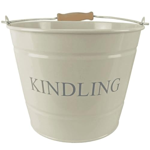 Small Metal Fireside Kindling Bucket with Wooden Handle Diameter Of 22 Centimeters Cream Finish