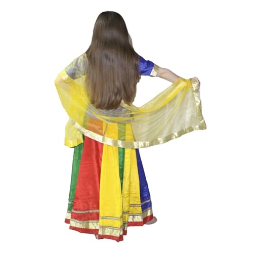 Image of Kaku Fancy Dresses Traditional Radha Costume for Girls - Red & Yellow Lehenga Choli with Dupatta | Indian Mythological Fancy Dress for Janmashtami - 14-17 Years