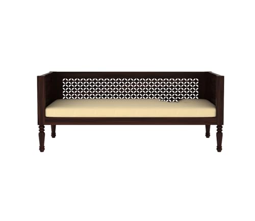 Image of ONIJA Solid Sheesham Wood Diwan Sofa Cum Bed Without Cushion | Traditional Wooden Daybed with Carved Backrest | 3 Seater Sofa for Living Room, Bedroom & Home (Walnut Finish)