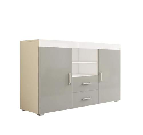 MB Muebles Bonitos Buffet Bahut 2 Portes 2 tiroirs | 140 x 80 x 40 cm | Couleur Blanc et Gris Finition Brillante | Modèle Roque