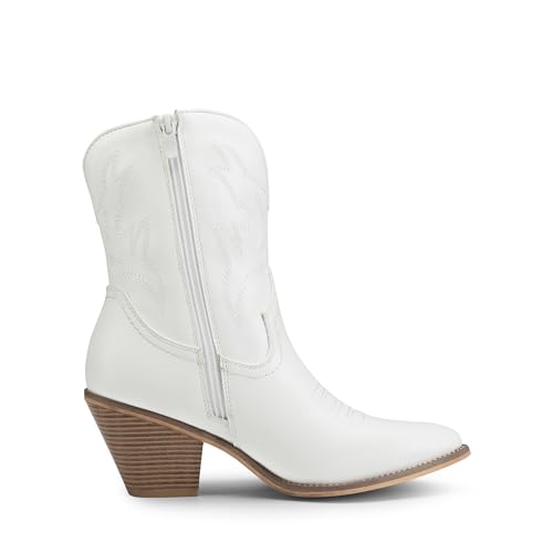 DREAM PAIRS Women's Cowboy Ankle Boots Western Booties Low Heel Pointed Toe Cowgirl Boots,Size 9,White-Embroidery,SDAB2302W