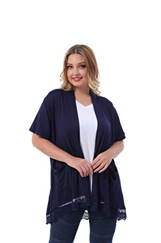 ZERDOCEAN Women's Plus Size Short Sleeve Lace Trim Lightweight Printed Drape Cardigan with Pockets2