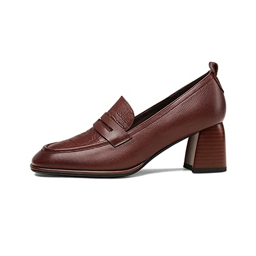 TinaCus Women's Genuine Leather Handmade Printed Square Toe Mid Chunky Heel Slip On Loafers Pumps Shoes2