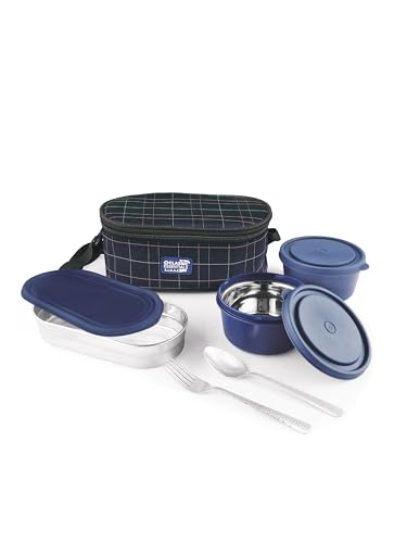 Image of CLASSIC ESSENTIALS Supreme All in One Lunch Box with Insulated Bag | Microwave Safe Containers with Steel Inner | Leak Resistant (Without Bottle, Blue, 2 Container)