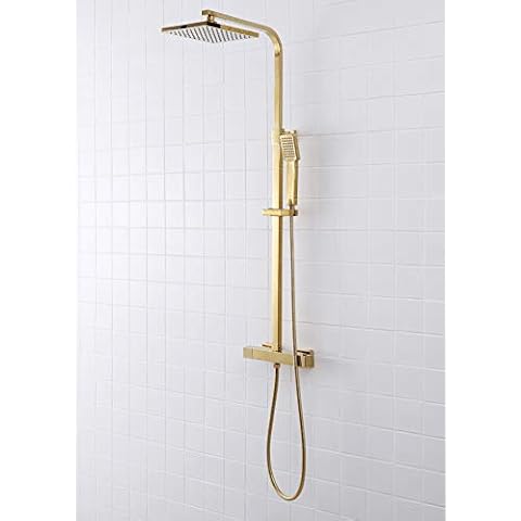 SCHWÄNLEIN Anti-Limescale Shower System with Thermostat Rain Shower Set Shower Fitting Shower Column (Brass Gold) Cover