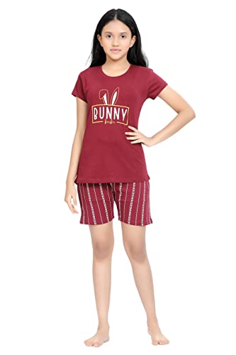 Image of Kids Night Suit for Girls - Cotton Set of Pyjama & T-Shirt Sleepwear - Lightweight & Comfortable Night Wear for Kids