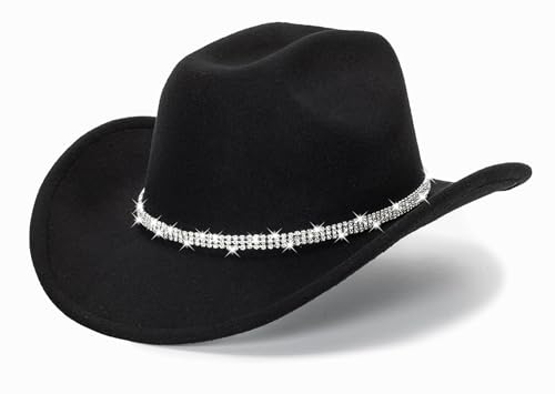 CXQRR Glitter Silver Black Cowboy Hats for Women - Western Sparkly Rhinestone Cowgirl Hat for Ladies Size M-L