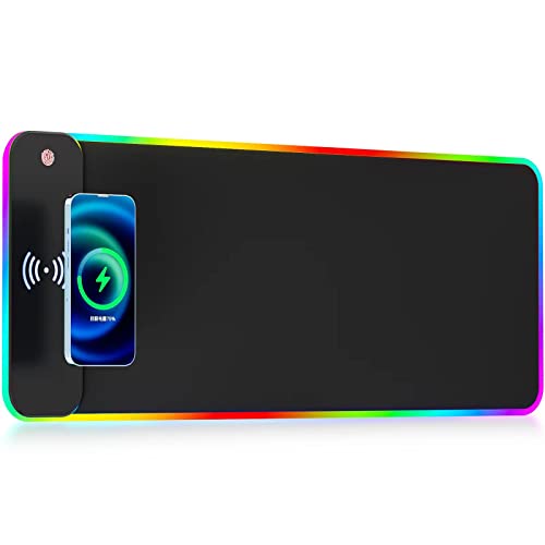 Wireless Charging RGB Gaming Mouse Pad 10W, LED Mouse Mat 800x300x4MM, 10 Light Modes Extra Large Mousepad Non-Slip Rubber Base Computer Keyboard Mat for Gaming, MacBook, PC, Laptop, Desk