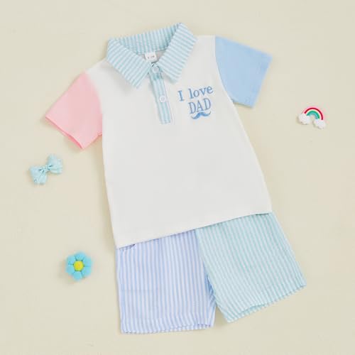 Toddler Baby Boy Fathers Day Outfit I Love Dad Color Block Collared Button Shirt Stripe Shorts Set Summer Clothes4