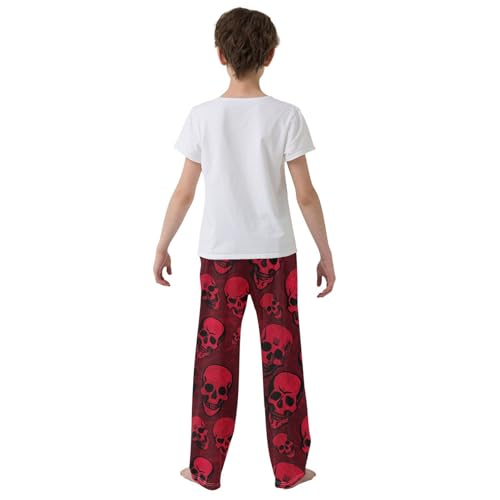Red Skull Print Boys Long Pants Soft Trousers Elastic Waist Kids Lounge Bottoms with Pockets S-XL3