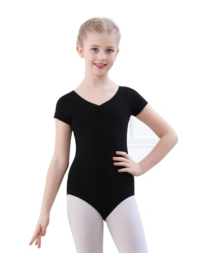 FONLAM Maillot de Ballet Danza para Niña Algodón Leotardo de Baile Ballet Danza Maillot de Gimnasia Rítmica Manga Corta (12-14 Años, Negro)