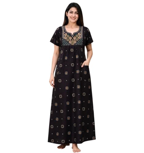 Image of Women's Pure Cotton Maxi Nighty, Jaipuri Embroidery Print, Short Sleeve Night Gown with Pocket