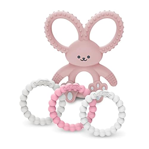 Image of Dr. Brown’s Flexees Beaded Teether Rings and Bunny, 100% Silicone, Soft & Easy to Hold, Encourages Self-Soothe, 4-Pack, Pink, White, Gray, BPA Free, 3m+