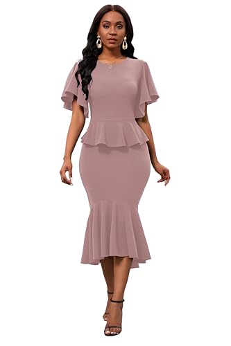 Image of Womens Summer Ruffle Short Sleeve Fishtail Dress Evening Cocktail Formal Peplum Midi Mermaid Dresses Elegant