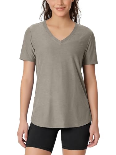 Image of ODODOS Women's Short Sleeve Performance V-Neck Tunic Tops, Ultra Soft odSTRATUM Tech Tee, Side Slit Relaxed T-Shirts