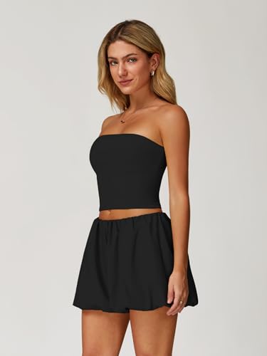 ABOCIW Womens Summer 2 Piece Outfits Y2k Crop Tube Tops Built in Bra Bubble Shorts Workout Sets Tracksuit3