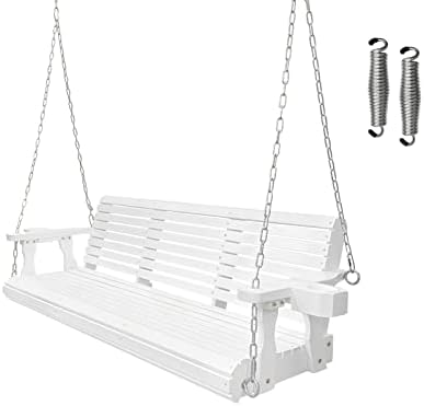 Wooden Porch Swing 3-Seater, Bench Swing with Cupholders, Hanging Chains and 7mm Springs, Heavy Duty 800 LBS, for Outdoor Patio Garden Yard, 5 ft. (White)