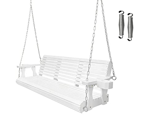 Wooden Porch Swing 3-Seater, Bench Swing With Cupholders, Hanging Chains And 7Mm Springs, Heavy Duty 800 Lbs, For Outdoor Patio Garden Yard, 5 Ft. (White) #TOP1