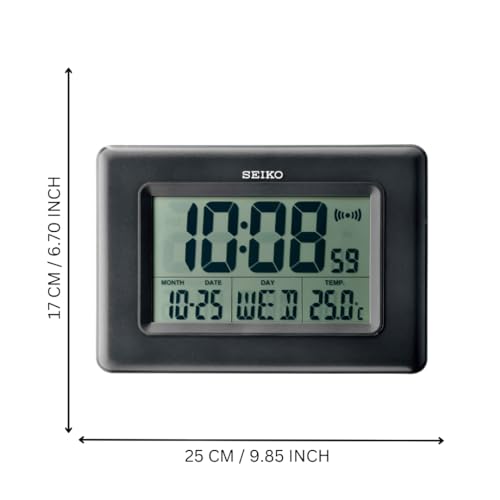 Image of Seiko Elegant Rectangular Black Plastic Digital Alarm Table Clock with Calendar, Hygrometer and Thermometer (Size: 25 x 2.7 x 17 CM | Weight: 480 gram | Color: Black)