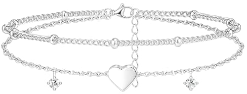 Poxtex Sterling Silver Anklet Bracelets for Women Waterproof, 925 Sliver Plated CZ & Heart Charm Dainty Layer Anklets for Women Trendy, Simple Chain Anklets Set Gifts for Women, Jewelry Gifts for Her