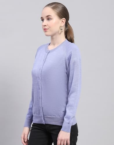 Image of Monte Carlo Womens Solid Blue Round Neck Full Sleeve Cardigan