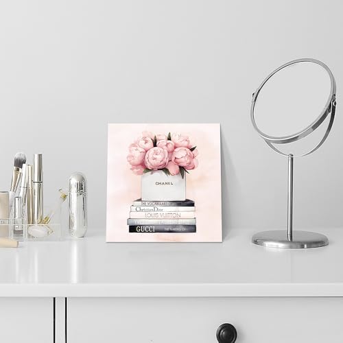 Image of cozy country Chanel-Inspired Canvas Wall Art - 12x12 Inches Luxury Fashion Artwork Print, Featuring Perfume, Books & Flowers, Perfect for Bathroom & Women's Room Decor