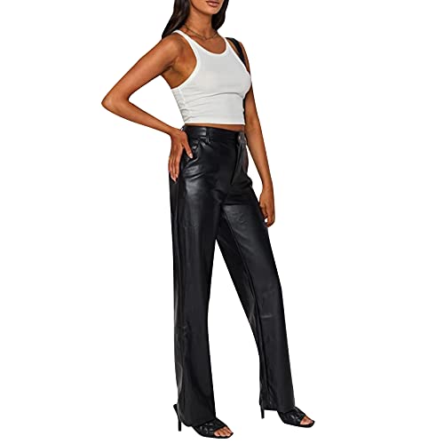NUFIWI Women's Faux Leather Pants High Waist Straight Wide Leg PU Legging Casual Solid Color Trousers with Pockets2