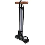 HiLo sports kompakte Radpumpe für alle Ventile (DV, SV, AV) - kleine Fahrrad Luftpumpe mit Druckanzeige - 11 Bar / 160 Psi Manometer - Fahrradpumpe mit Holz Griff