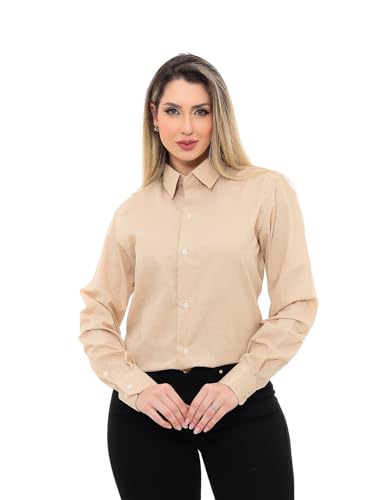 Camisa Social Feminina Premium Tipo Linho Executiva Estruturada Manga Longa Bege M