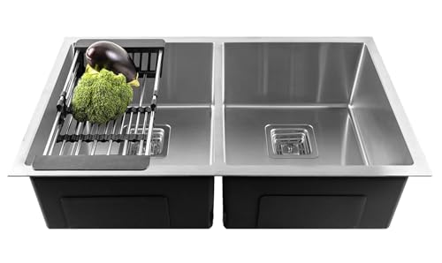Image of Fossa 32 inchx20 inchx10 inch 5-Year Warranty Premium Double Bowl Stainless Steel Handmade Kitchen Sink | Sink with Waste Coupling & PVC Waste Pipe - Silver (Matte Finish)