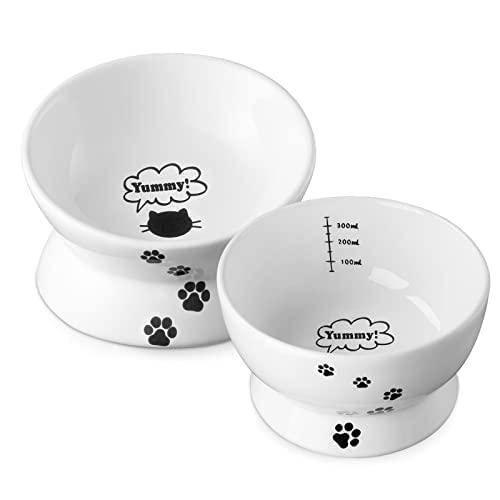 Y YHY Raised Cat Food Bowl Set, Ceramic, Tilted Elevated Bowls, 2 Bowls, 3.6 in & 3 in, White