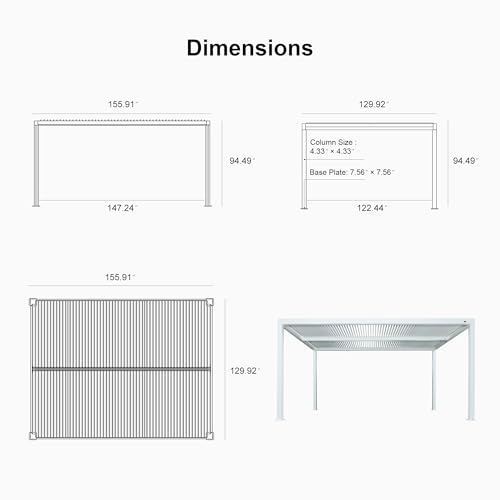 PURPLE LEAF Outdoor Louvered Pergola 11\' x 13\' White Aluminum Pergola with Roller Blind Adjustable Rainproof Gazebo for Patio Deck Garden, 1 Long Side