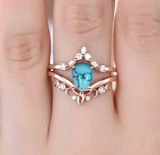 Unique Bridal Ring Set Pear Turquoise Engagement Ring Set Vintage Diamond Ring Set Rose Gold Silver Women Cluster Marquise Ring Fine Jewelry #TOP5