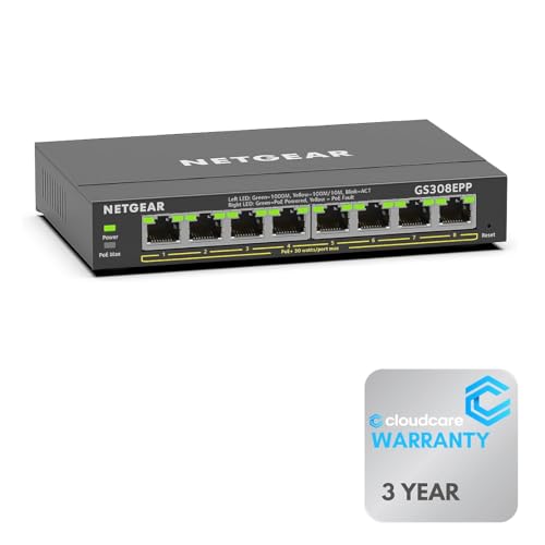Image of NETGEAR GS308EPP 8-Port Managed 𝐏𝐨𝐄+ Switch | 123W PoE+ | Desktop and Wall-Mountable | Cloud Care's 3 Year Warranty SupportPlus Included