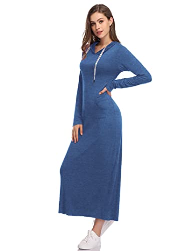 Glorystar Women Long Sleeve Pullover Hoodie Dress Stripe Pocket Ankle Length Slim Sweatshirt Casual Hooded Sweater Dresses A-Blue Gray Long L #TOP3