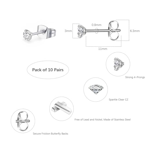 3mm Small Stud Earrings for Women Simulated Diamond Stud Earrings Silver Tiny CZ Earrings Jewelry Hypoallergenic Surgical Stainless Steel Cubic Zirconia Earrings Gift by FriBasics - Used condition - Image 8