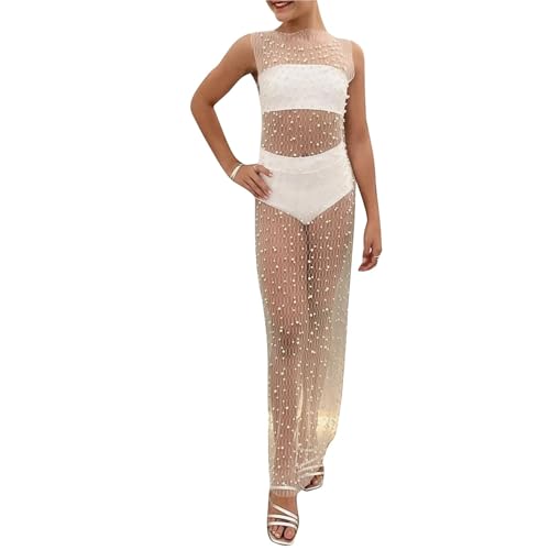 ENSDIEPLS Blusa cruzada de playa, Vestido tipo pareo de Bikini for mujer, malla transparente sin mangas, cuello redondo, perla, largo, blanco, negro, S-XL(White,S)